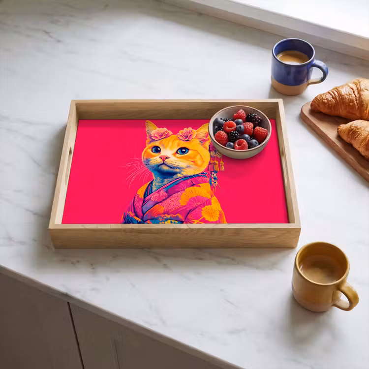 Kat - Kimono - Bloemen - Roze Dienblad Rechthoek middel -sfeer2