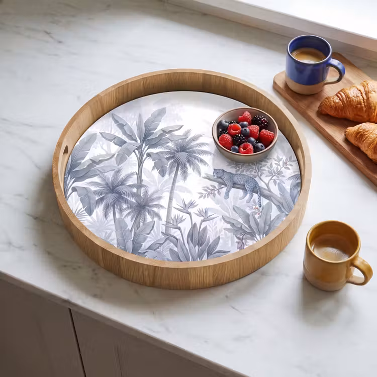 Kat - Tropisch bos - Modern - Grijs Dienblad Rond middel -sfeer2