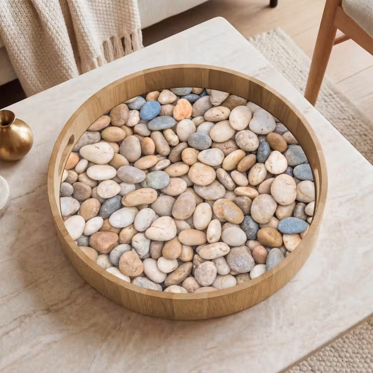 Kiezelstenen - Natuur - Textuur - Beige - Grijs Dienblad Rond middel -sfeer1