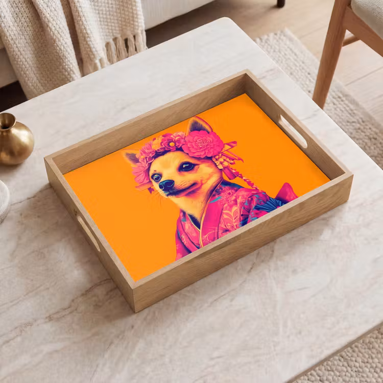 Kimono - Hondje - Bloemenkroon - Oranje Dienblad Rechthoek middel -sfeer1