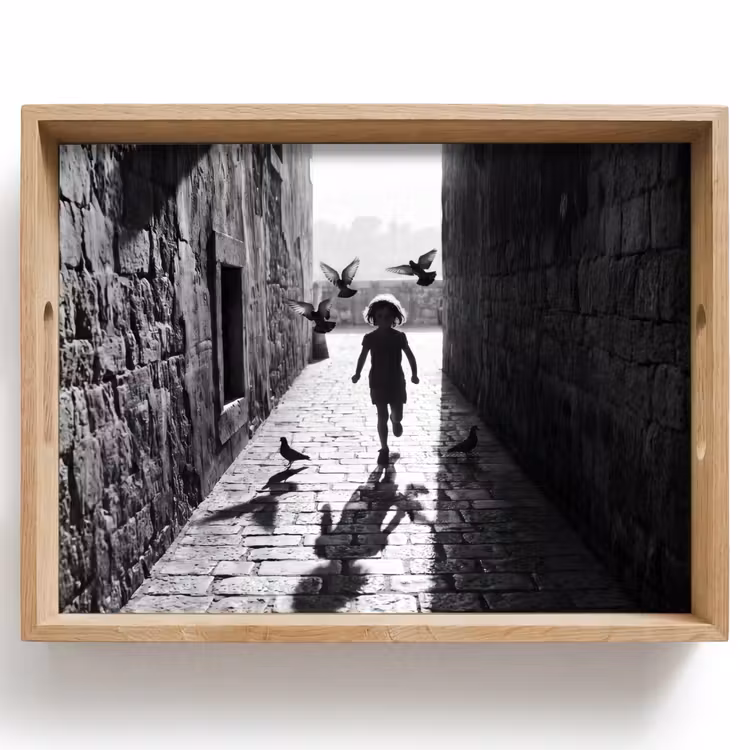 Kind - Vogel - Straat - Zwart-wit - Spelen Dienblad Rechthoek middel -z3d_shopping