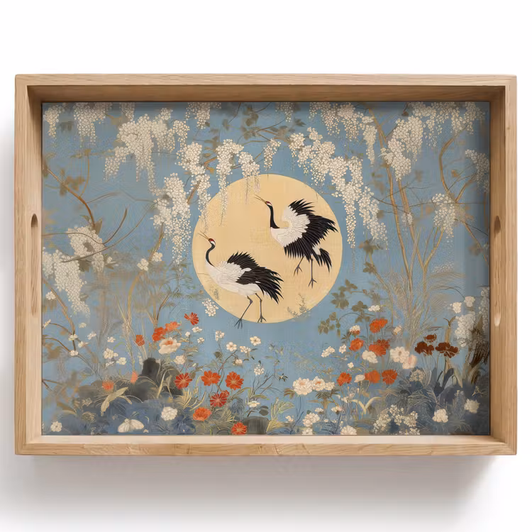 Kraanvogels - Maan - Bloemen - Blauw Dienblad Rechthoek middel -z3d_shopping
