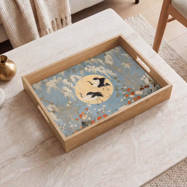 Kraanvogels - Maan - Bloemen - Blauw Dienblad Rechthoek middel -sfeer1