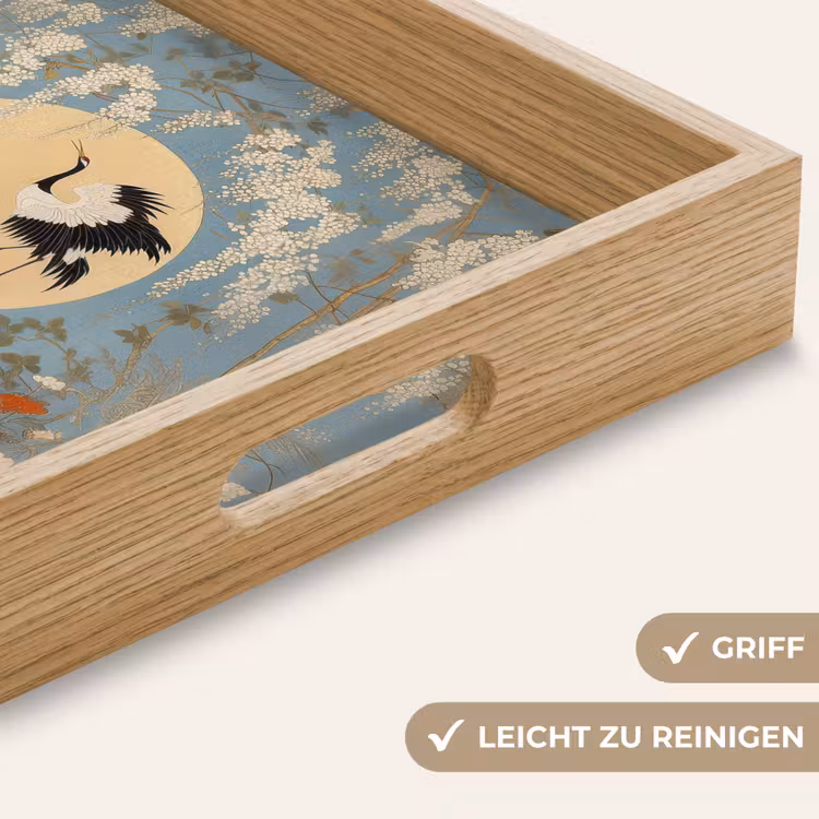 Kraanvogels - Maan - Bloemen - Blauw Dienblad Rechthoek middel -USP_HandgreepDE