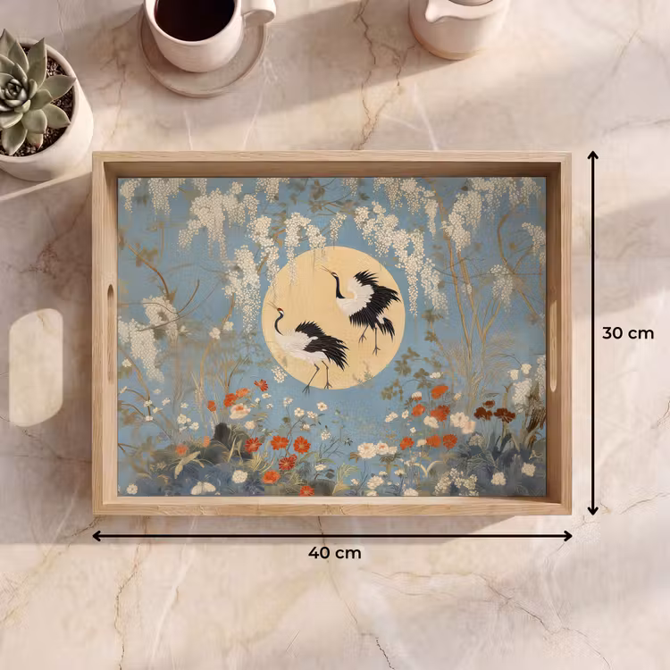 Kraanvogels - Maan - Bloemen - Blauw Dienblad Rechthoek middel -USP_Formaat