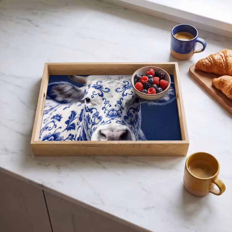 Koe - Delfts - Blauw - Artistiek Dienblad Rechthoek middel -sfeer2