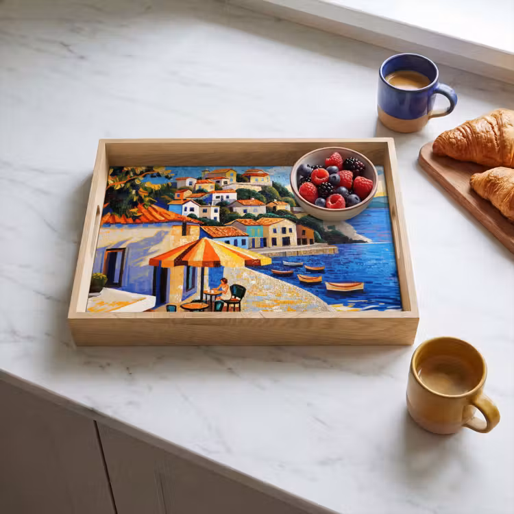 Kustdorp - Huisjes - Mozaïek - Zee Dienblad Rechthoek middel -sfeer2