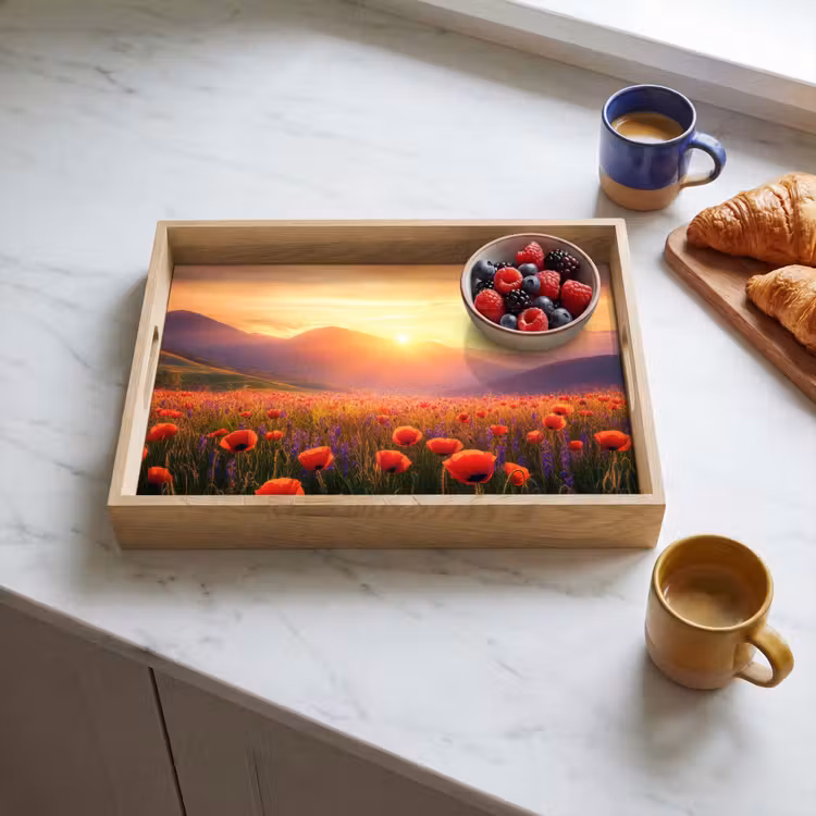 Landschap - Zonsondergang - Bloemenveld Dienblad Rechthoek middel -sfeer2