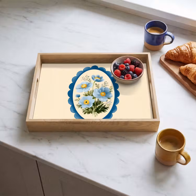 Lijst - Bloemen - Lichtblauw - Illustratie Dienblad Rechthoek middel -sfeer2