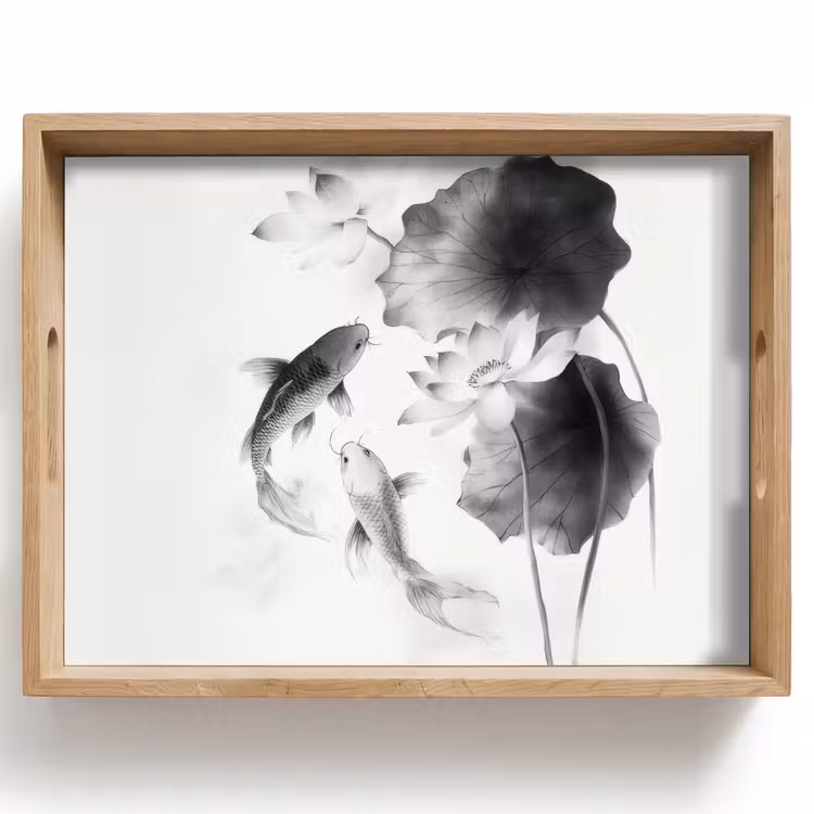 Lotusbloemen - Vissen - Bladeren - Zwart Dienblad Rechthoek middel -z3d_shopping