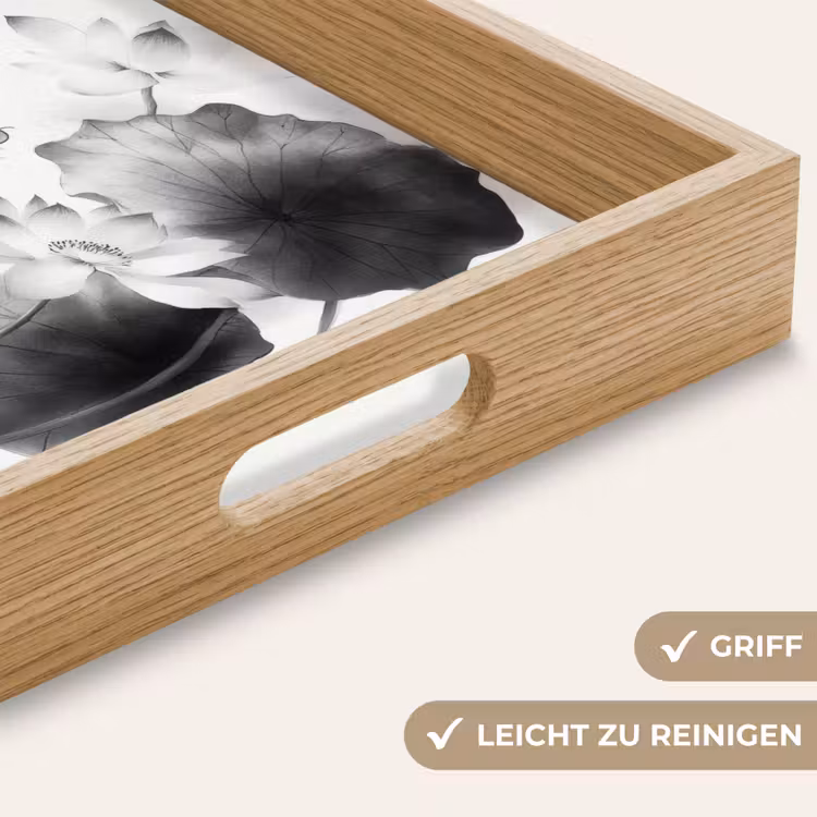Lotusbloemen - Vissen - Bladeren - Zwart Dienblad Rechthoek middel -USP_HandgreepDE