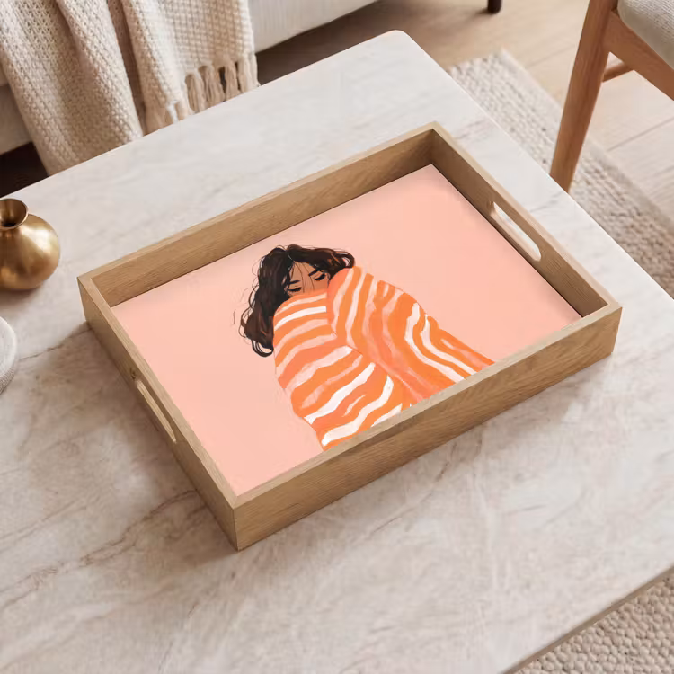 Meisje - Deken - Gestreept - Oranje Dienblad Rechthoek middel -sfeer1