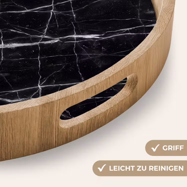 Marmer - Aders - Abstract - Zwart Dienblad Rond middel -USP_HandgreepDE