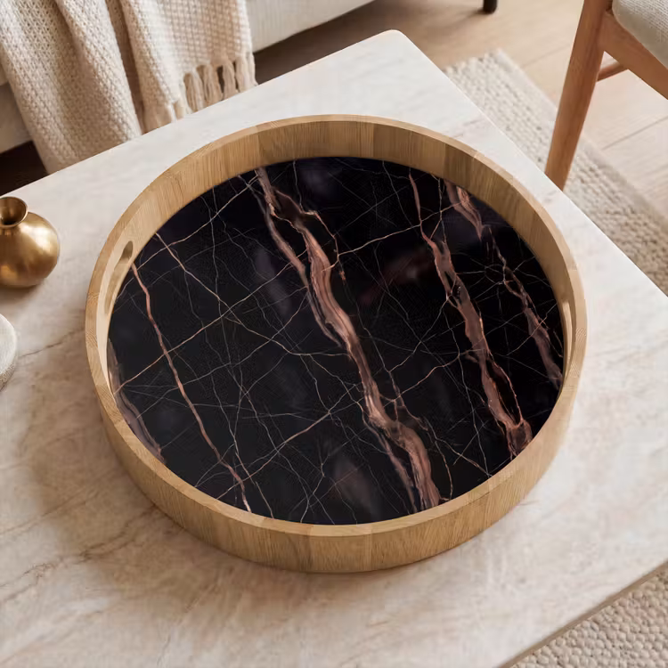 Marmer - Goud - Patroon - Luxe - Zwart Dienblad Rond middel -sfeer1