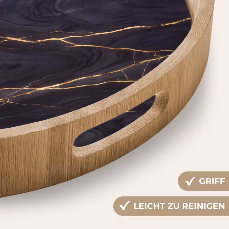 Marmer - Goudaders - Abstract - Modern - Zwart Dienblad Rond middel -USP_HandgreepDE