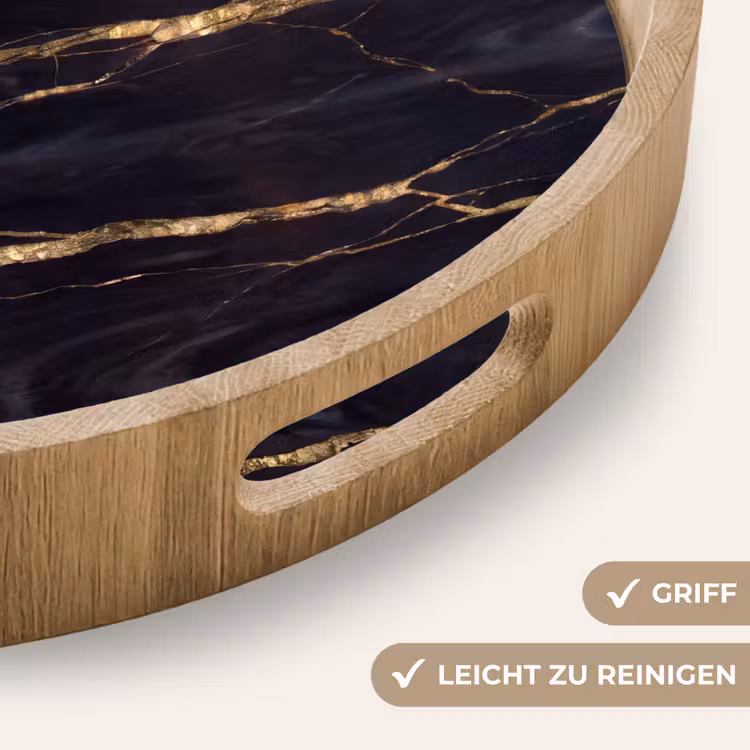 Marmer - Gouden aders - Abstract - Zwart Dienblad Rond middel -USP_HandgreepDE