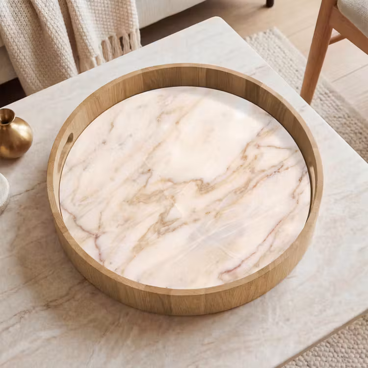 Marmer - Ader - Abstract - Wit - Goud Dienblad Rond middel -sfeer1