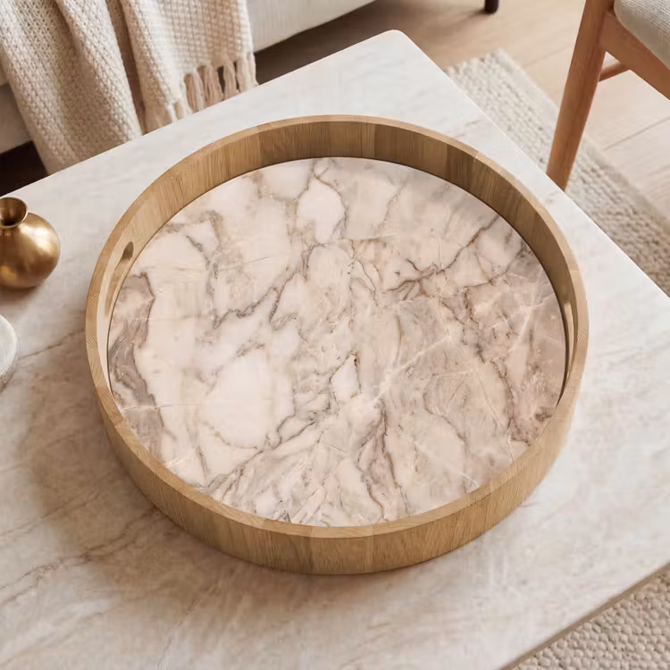 Marmer - Aderen - Textuur - Beige - Modern Dienblad Rond middel -sfeer1