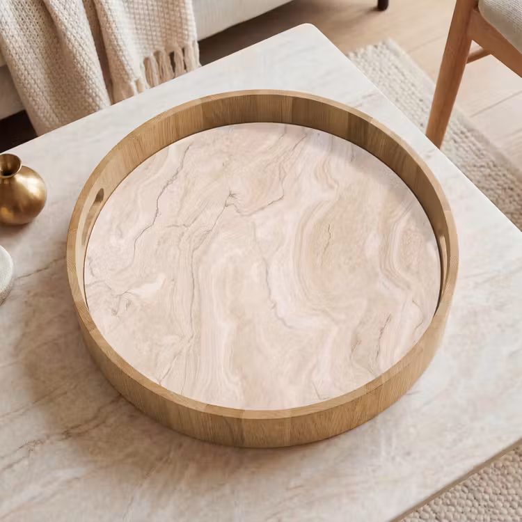Marmer - Patroon - Beige - Steen - Abstract Dienblad Rond middel -sfeer1