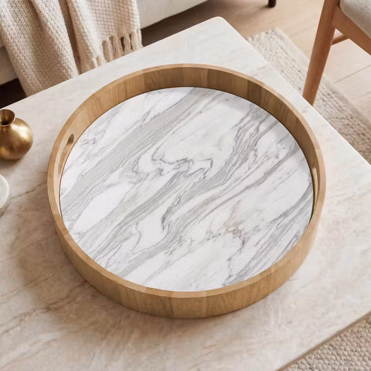 Marmer - Wit - Grijs - Structuur - Modern Dienblad Rond middel -sfeer1