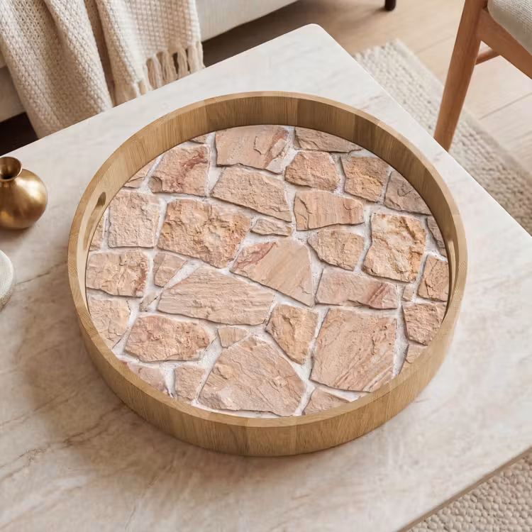 Muur - Steen - Patroon - Rustiek - Beige Dienblad Rond middel -sfeer1