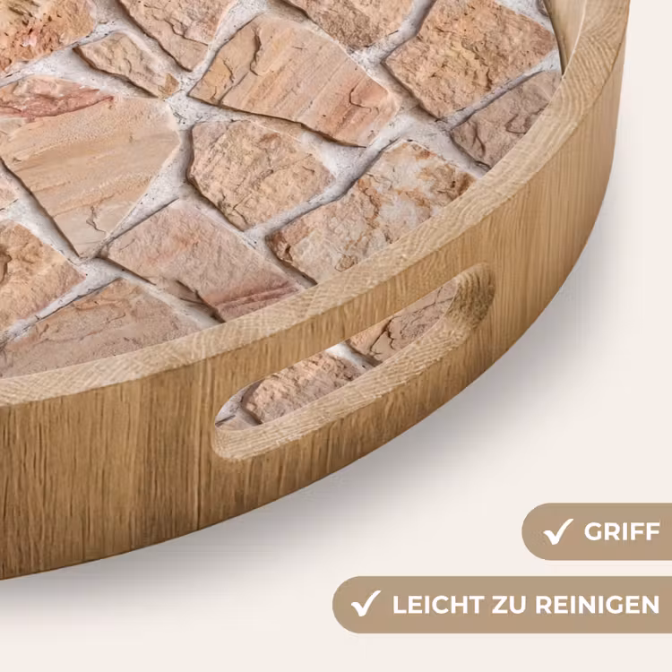 Muur - Steen - Patroon - Rustiek - Beige Dienblad Rond middel -USP_HandgreepDE