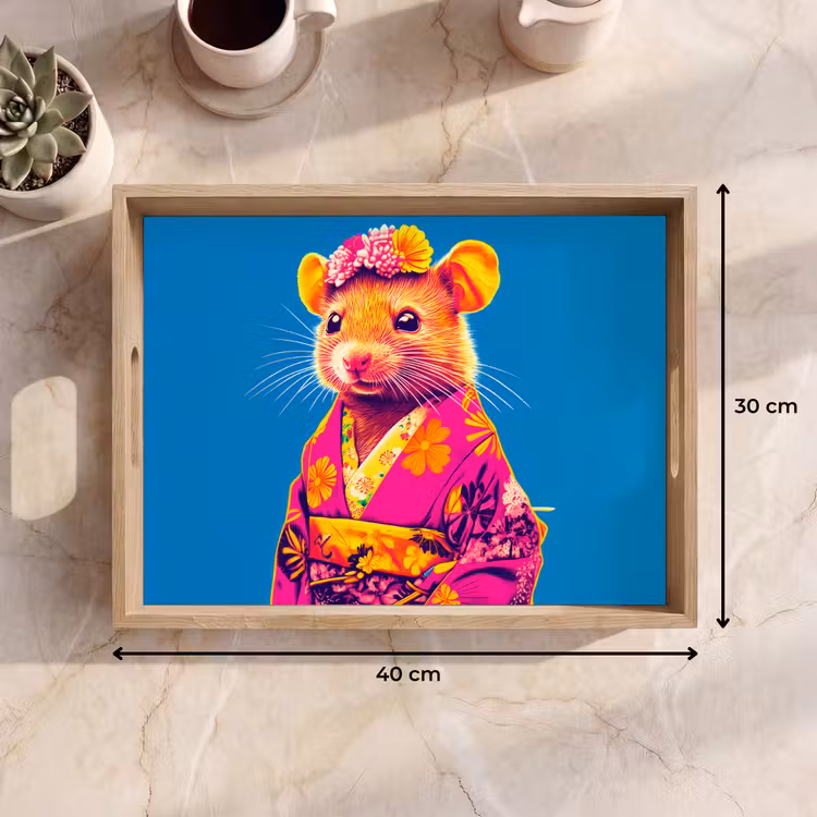 Muis - Kimono - Bloemen - Blauw Dienblad Rechthoek middel -USP_Formaat