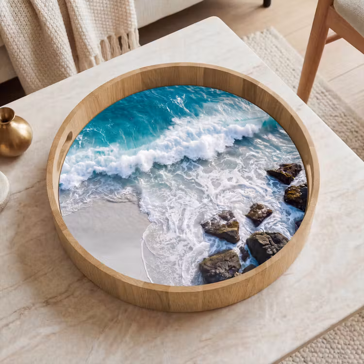 Zee - Golf - Strand - Natuur - Blauw Dienblad Rond middel -sfeer1