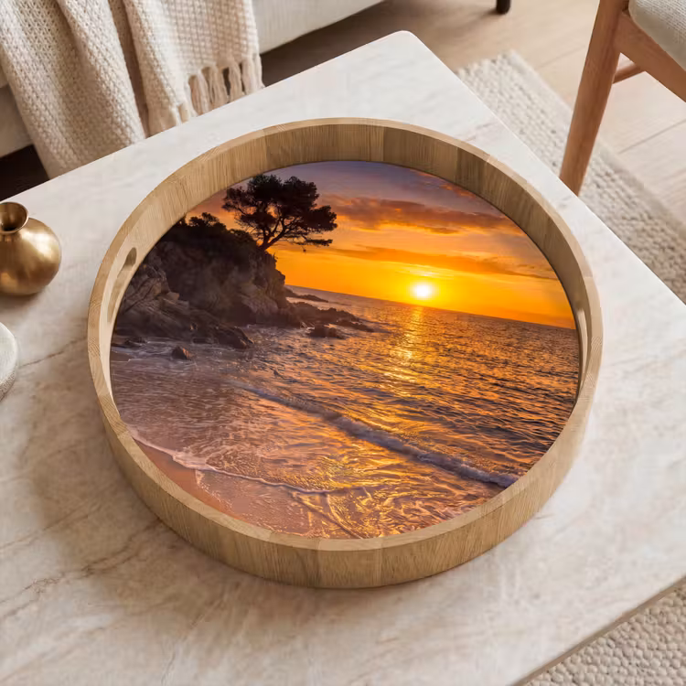 Zee - Kust - Zonsondergang - Natuur - Oranje Dienblad Rond middel -sfeer1