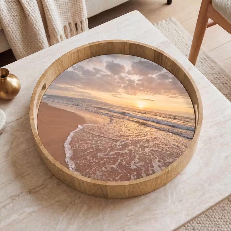 Zee - Kustlijn - Wolken - Landschap - Oranje Dienblad Rond middel -sfeer1