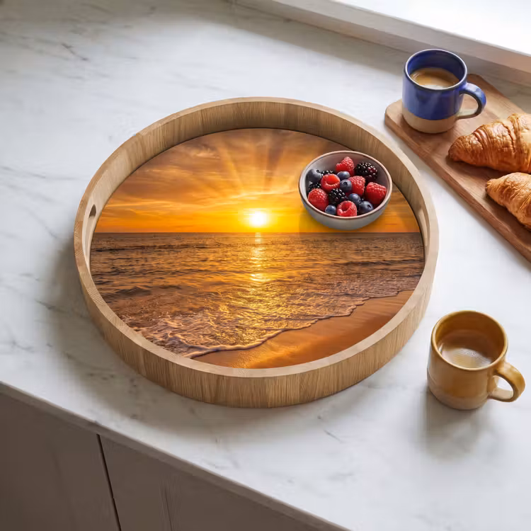 Zee - Zonsondergang - Golven - Kust - Oranje Dienblad Rond middel -sfeer2