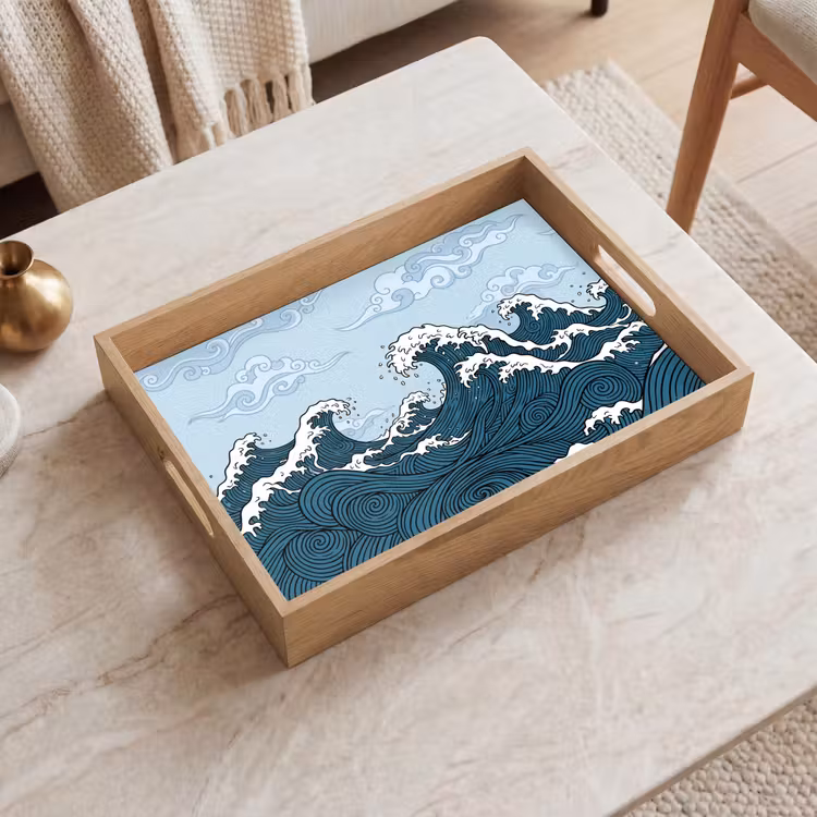Zee - Golven - Japans - Natuur - Blauw Dienblad Rechthoek middel -sfeer1