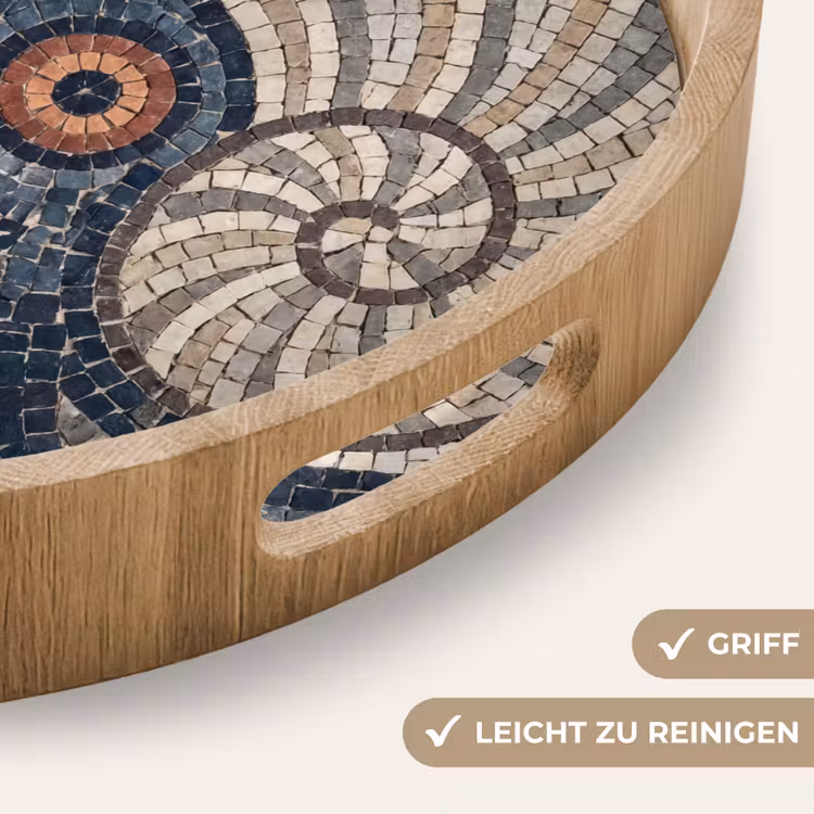 Zeeleven - Mozaïek - Kunst - Vintage - Beige Dienblad Rond middel -USP_HandgreepDE