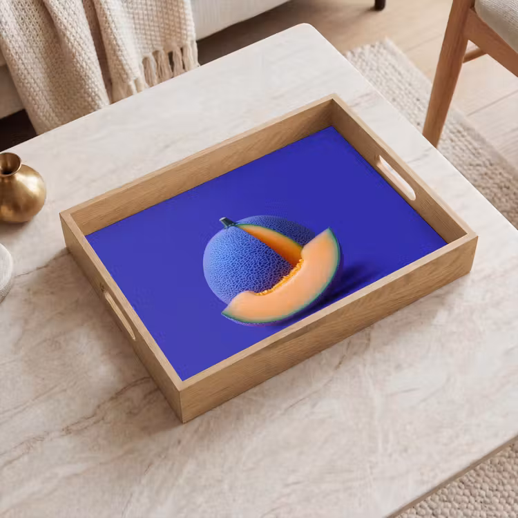Meloen - Blauw - Oranje - Kunstzinnig Dienblad Rechthoek middel -sfeer1