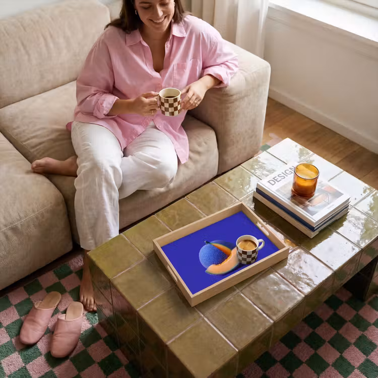 Meloen - Blauw - Oranje - Kunstzinnig Dienblad Rechthoek middel -sfeer3