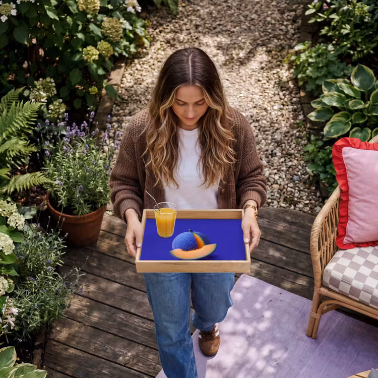 Meloen - Blauw - Oranje - Kunstzinnig Dienblad Rechthoek middel -sfeer5