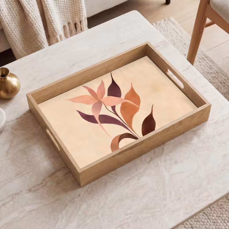 Minimalistisch - Bloem - Bladeren - Beige Dienblad Rechthoek middel -sfeer1