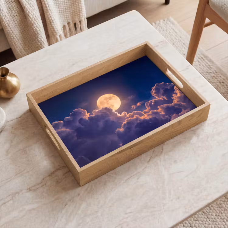 Maan - Wolken - Nacht - Oranje Dienblad Rechthoek middel -sfeer1