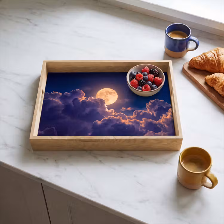 Maan - Wolken - Nacht - Oranje Dienblad Rechthoek middel -sfeer2