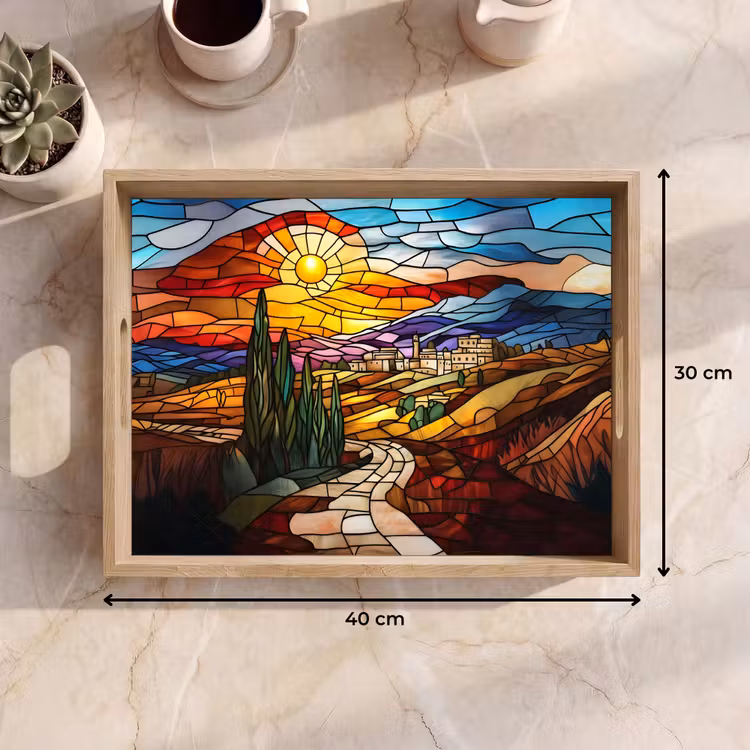 Mozaïek - Zon - Landschap - Dorp Dienblad Rechthoek middel -USP_Formaat