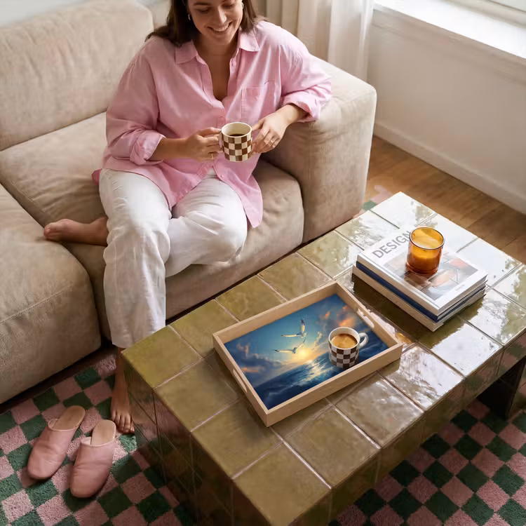 Meeuwen - Zee - Wolken -Blauw Dienblad Rechthoek middel -sfeer3