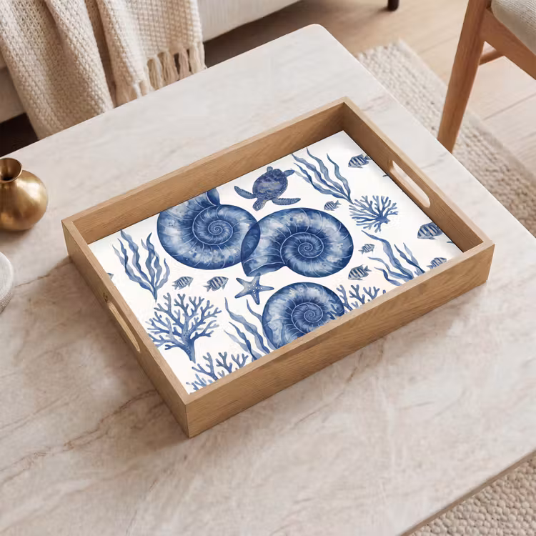 Schelp - Spiraal - Zeeleven - Aquarel - Blauw Dienblad Rechthoek middel -sfeer1