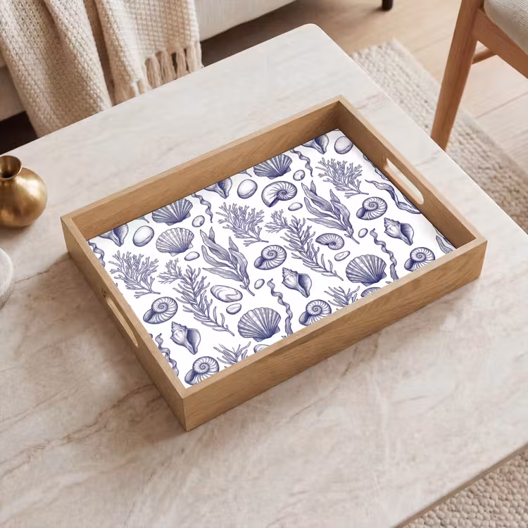 Schelpen - Zeewier - Oceaan - Illustratie - Blauw Dienblad Rechthoek middel -sfeer1