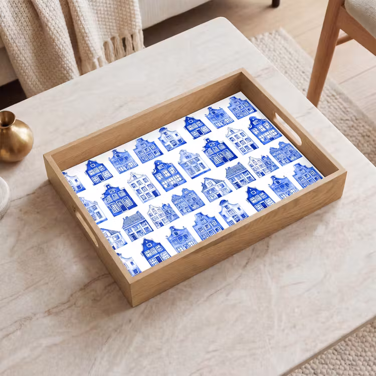 Patroon - Huizen - Blauw Dienblad Rechthoek middel 911 -sfeer1