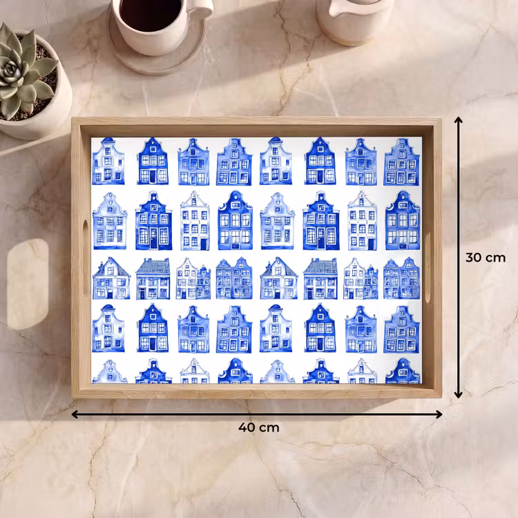 Patroon - Huizen - Blauw Dienblad Rechthoek middel 911 -USP_Formaat