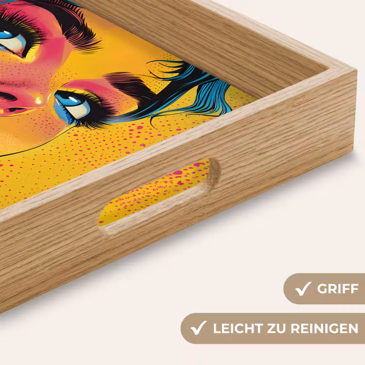 Close-up - Vrouwengezicht - Stippen - Geel Dienblad Rechthoek middel -USP_HandgreepDE