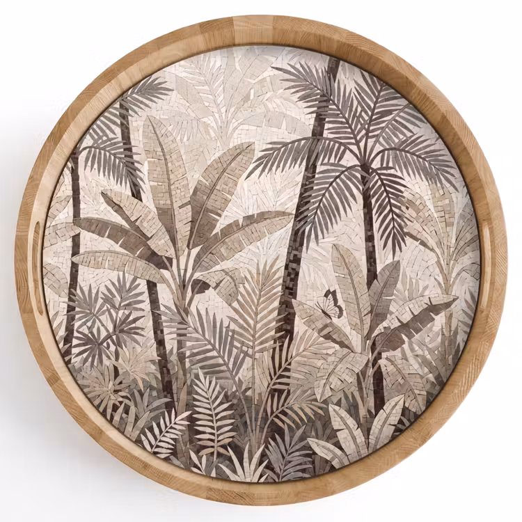 Natuur - Bladeren - Landschap - Mozaïek - Beige Dienblad Rond middel -z3d_shopping
