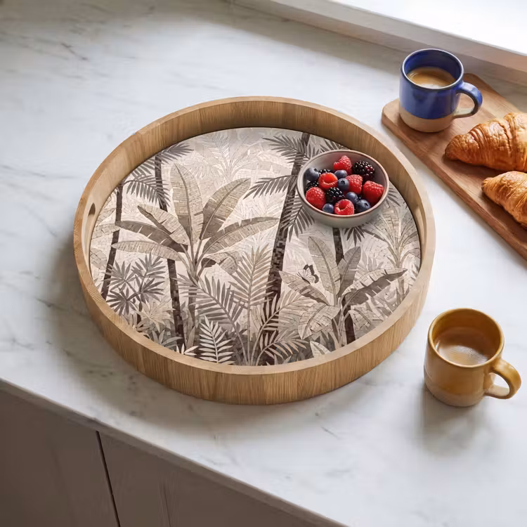 Natuur - Bladeren - Landschap - Mozaïek - Beige Dienblad Rond middel -sfeer2