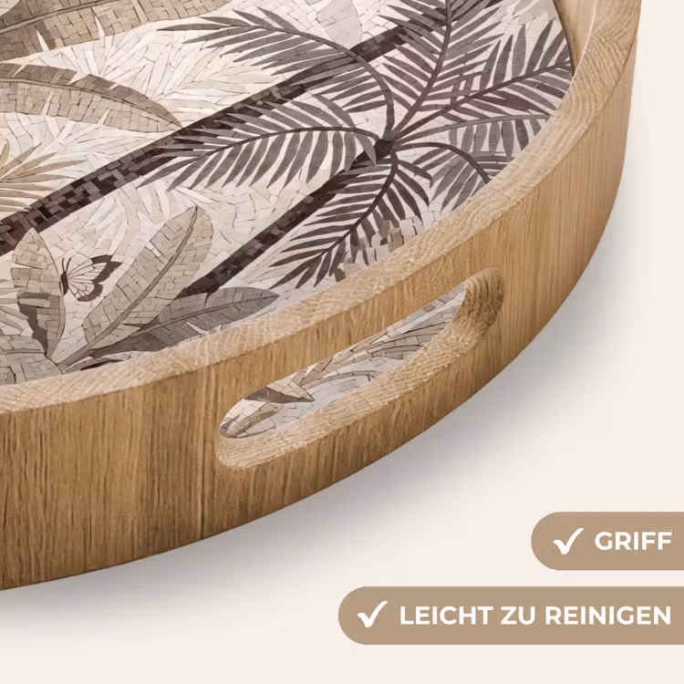 Natuur - Bladeren - Landschap - Mozaïek - Beige Dienblad Rond middel -USP_HandgreepDE