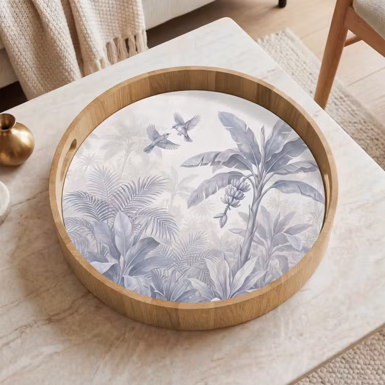 Natuur - Vogel - Jungle - Illustratie - Blauw Dienblad Rond middel -sfeer1